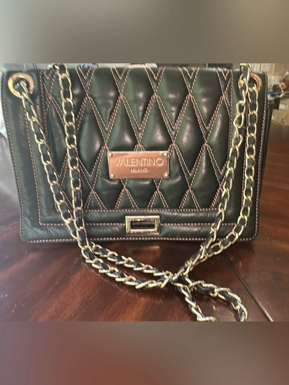 Valentino Quilted Leather Crossbody Bag black with rosegold Hardware. (Bags20)